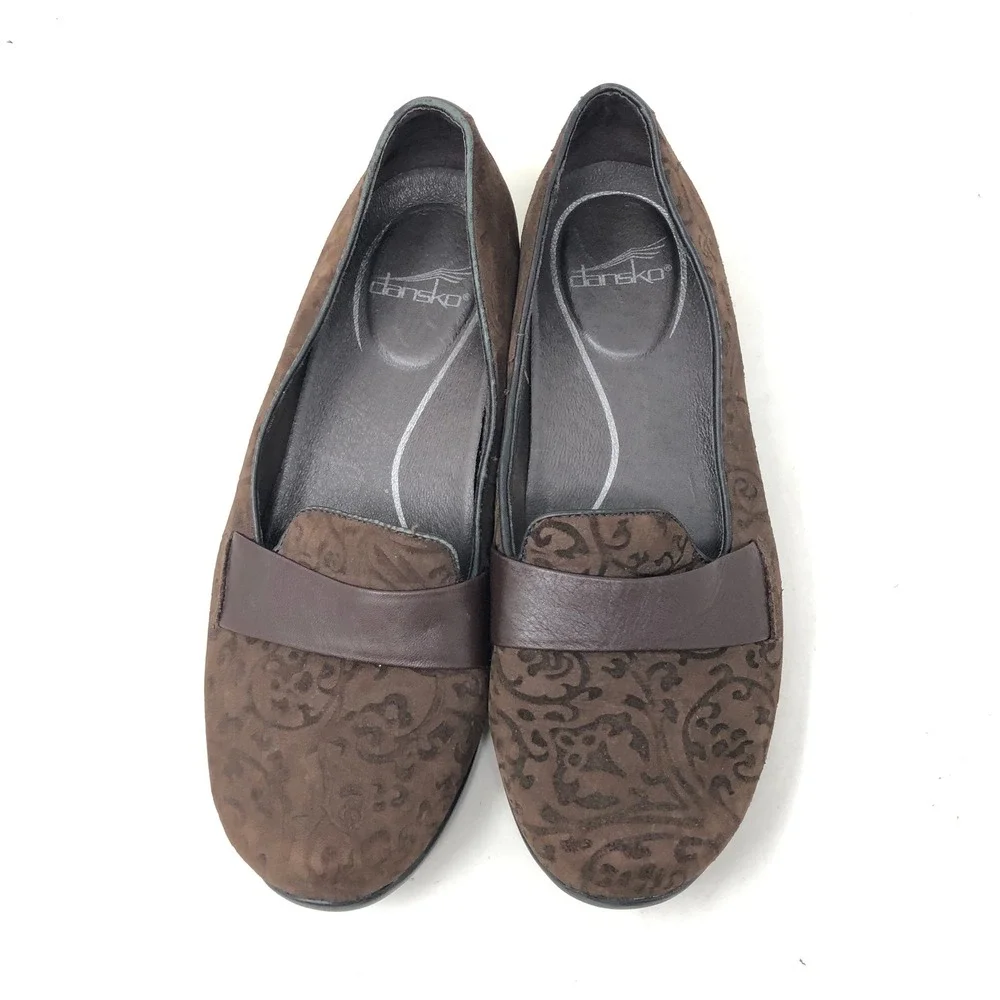 Dansko Womens 39 Oksana Loafers Brown Floral Embossed Suede Leather Slip On
